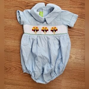 Blue and White Gingham Smocked Thanksgiving Turkey Bubble Outfit
